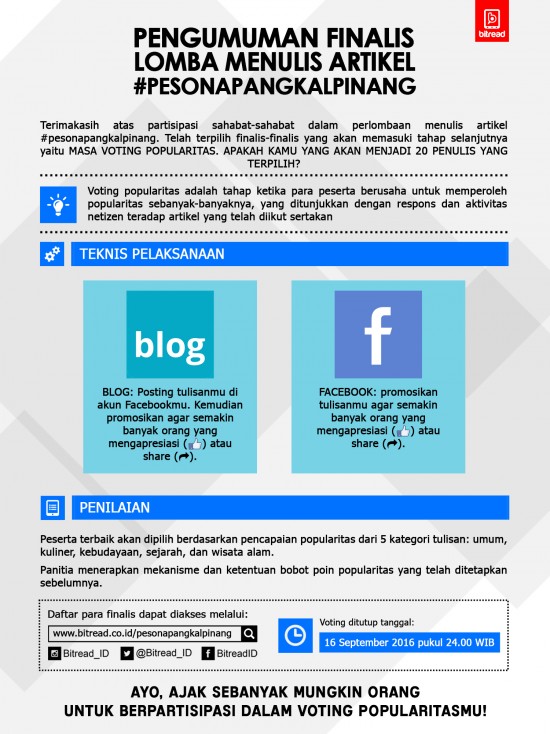 PENGUMUMAN FINALIS LOMBA MENULIS ARTIKEL #PESONAPANGKALPINANG